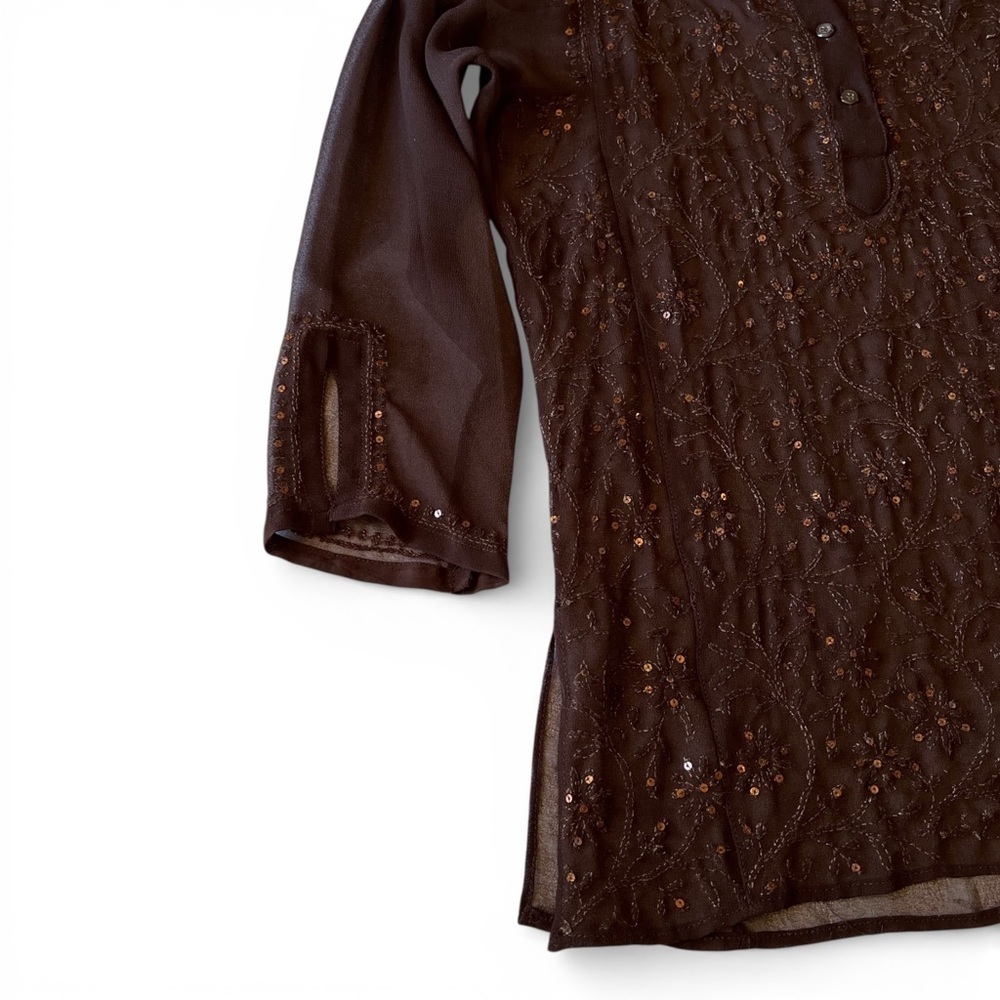 Y2K brown sheer sequin tunic top - Picture 2 of 5